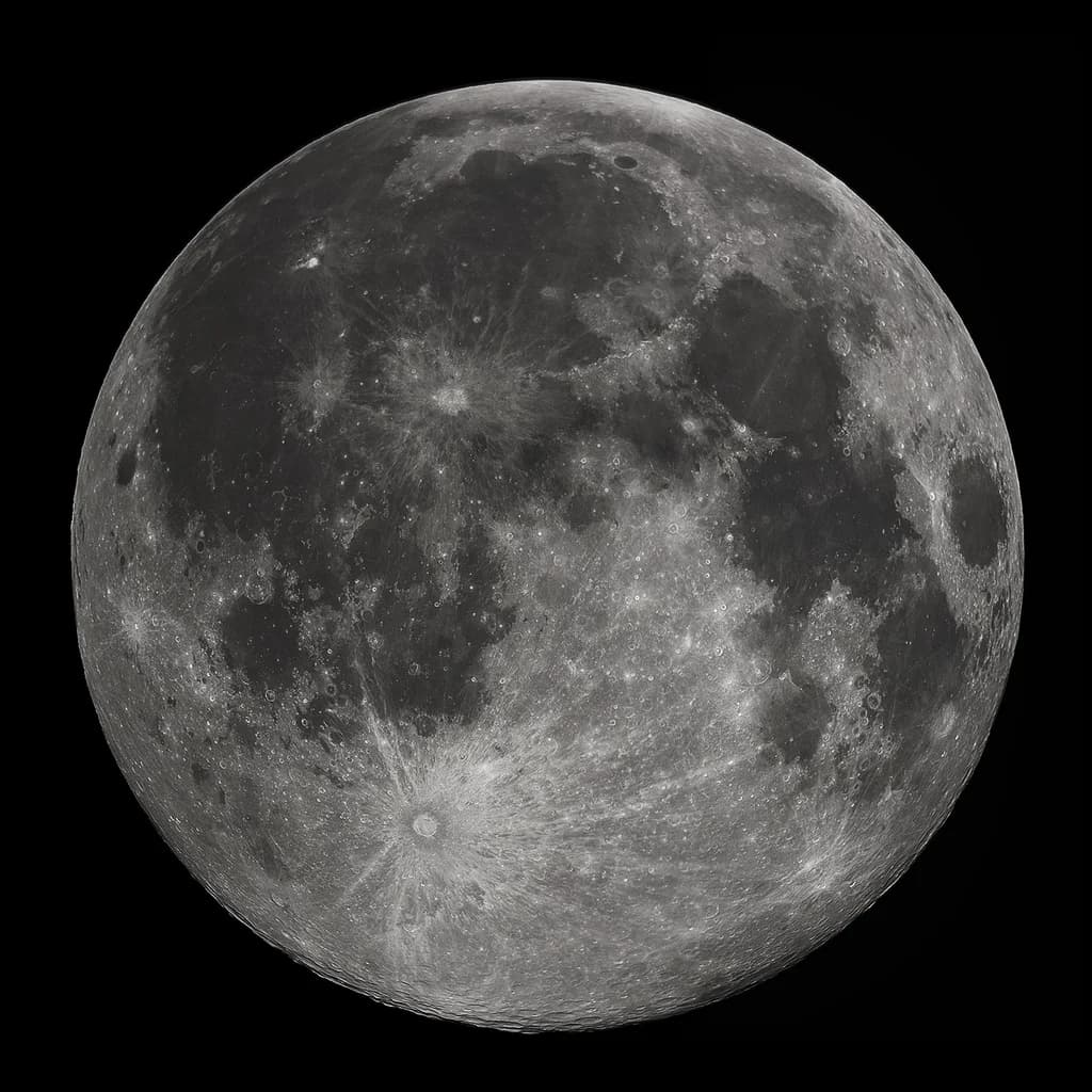 The Moon as a full disc, cratered surface lit by direct sunlight.
