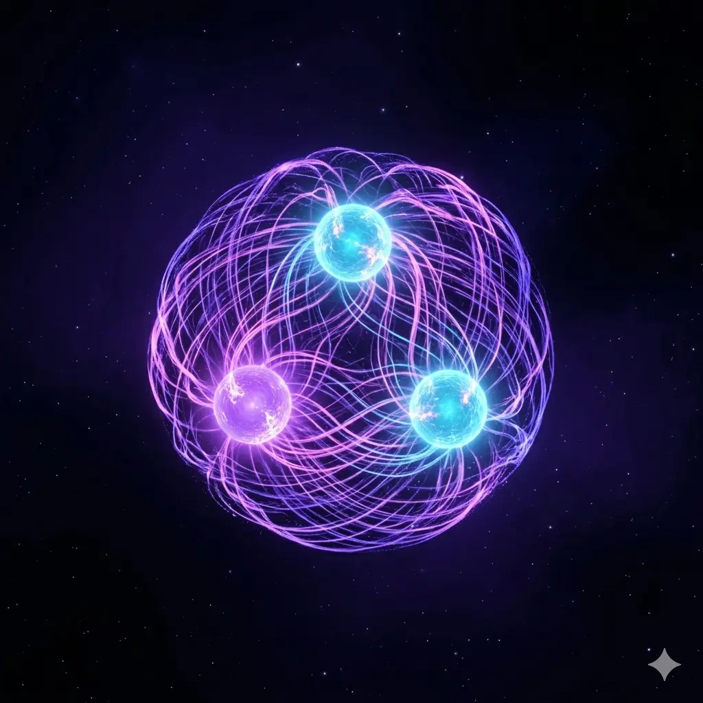 A proton rendered as three glowing quarks bound by gluons.